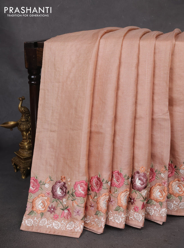 Pure tussar silk saree sandal with plain body and floral design embroidery border