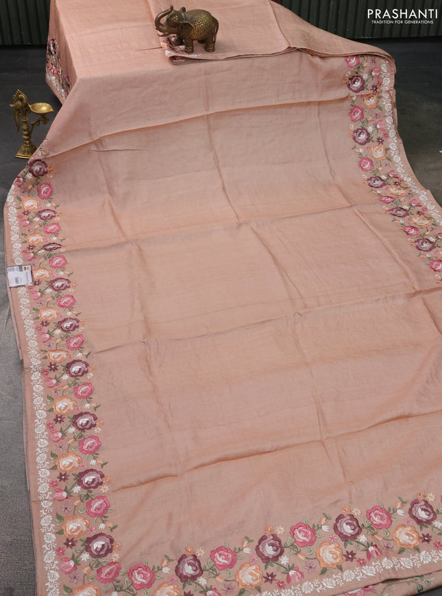 Pure tussar silk saree sandal with plain body and floral design embroidery border