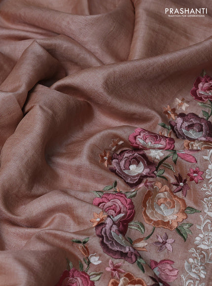 Pure tussar silk saree sandal with plain body and floral design embroidery border