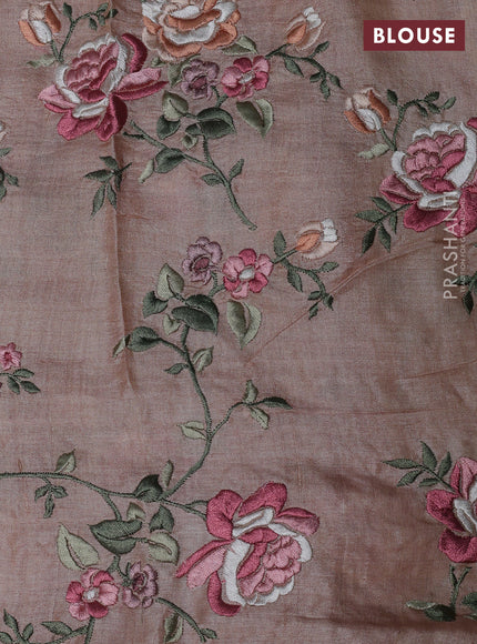 Pure tussar silk saree sandal with plain body and floral design embroidery border