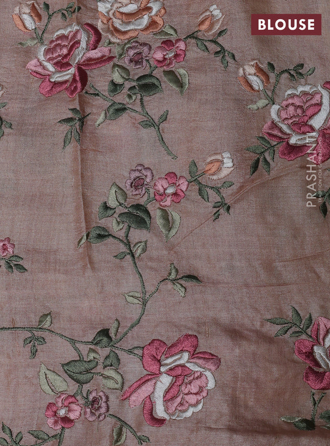 Pure tussar silk saree sandal with plain body and floral design embroidery border