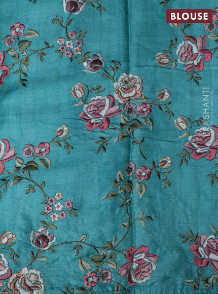 Pure tussar silk saree teal blue with plain body and floral design embroidery border