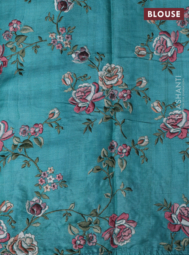 Pure tussar silk saree teal blue with plain body and floral design embroidery border
