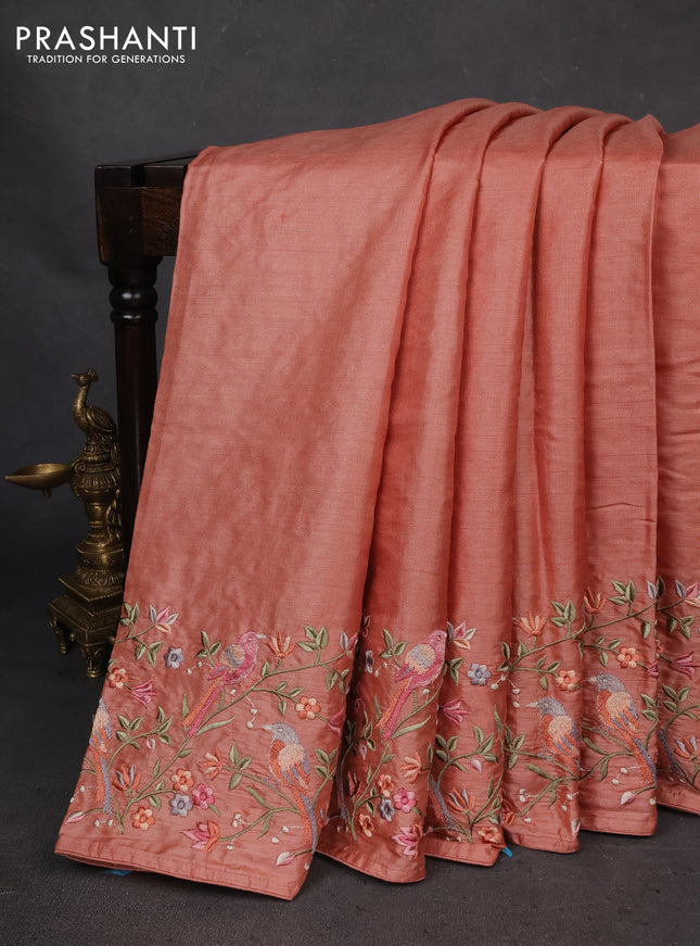 Pure tussar silk saree peach orange shade with plain body and embroidery border
