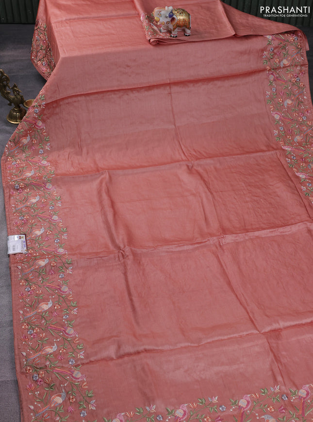 Pure tussar silk saree peach orange shade with plain body and embroidery border