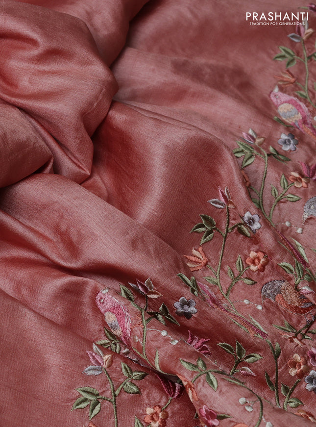 Pure tussar silk saree peach orange shade with plain body and embroidery border