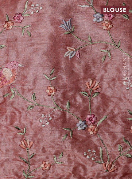 Pure tussar silk saree peach orange shade with plain body and embroidery border