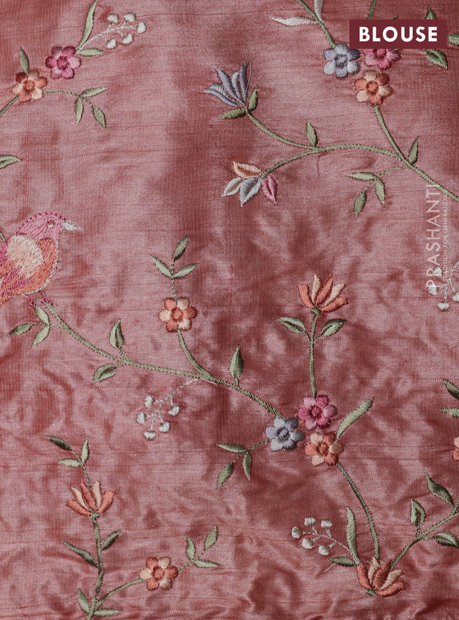 Pure tussar silk saree peach orange shade with plain body and embroidery border