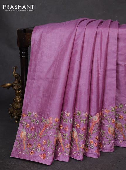 Pure tussar silk saree lavender with plain body and embroidery border