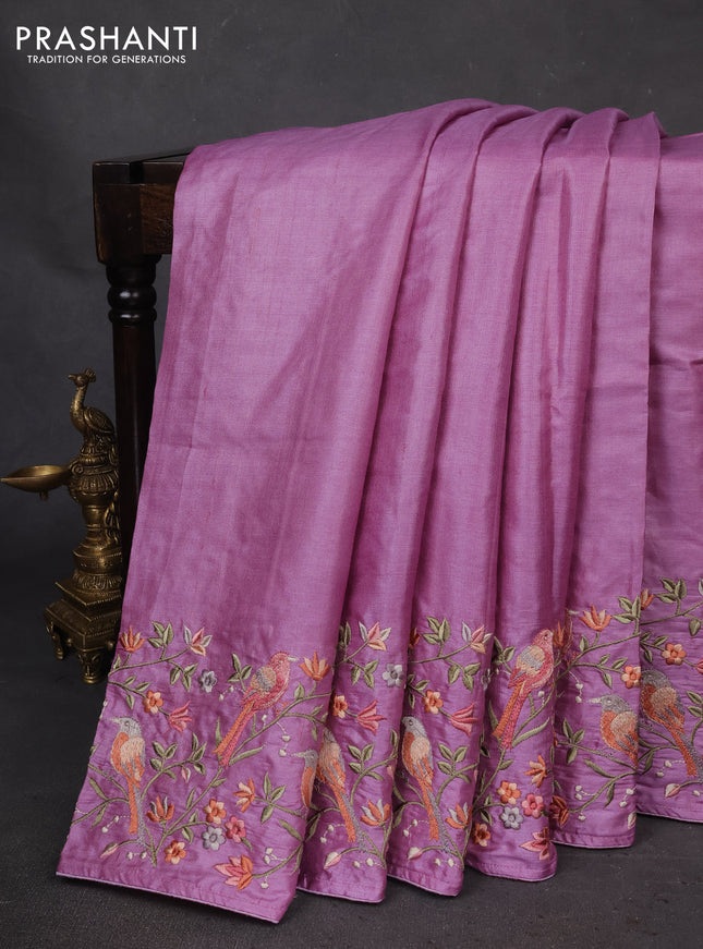 Pure tussar silk saree lavender with plain body and embroidery border