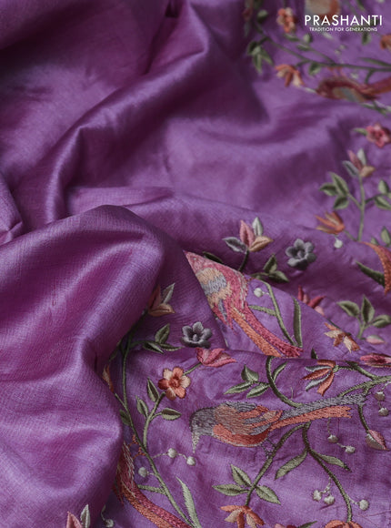 Pure tussar silk saree lavender with plain body and embroidery border