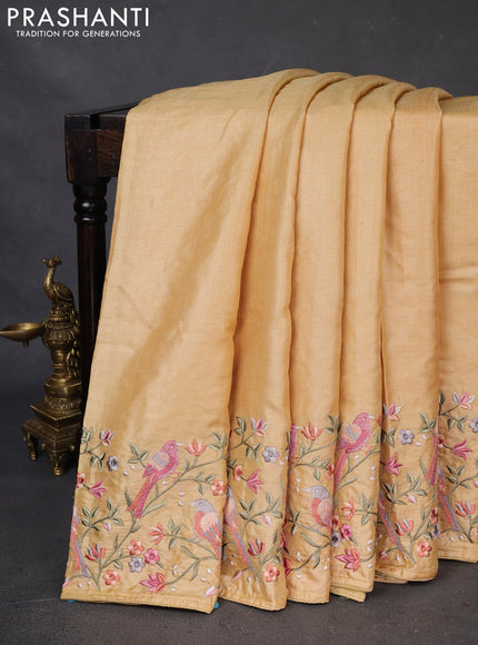 Pure tussar silk saree yellow shade with plain body and embroidery border