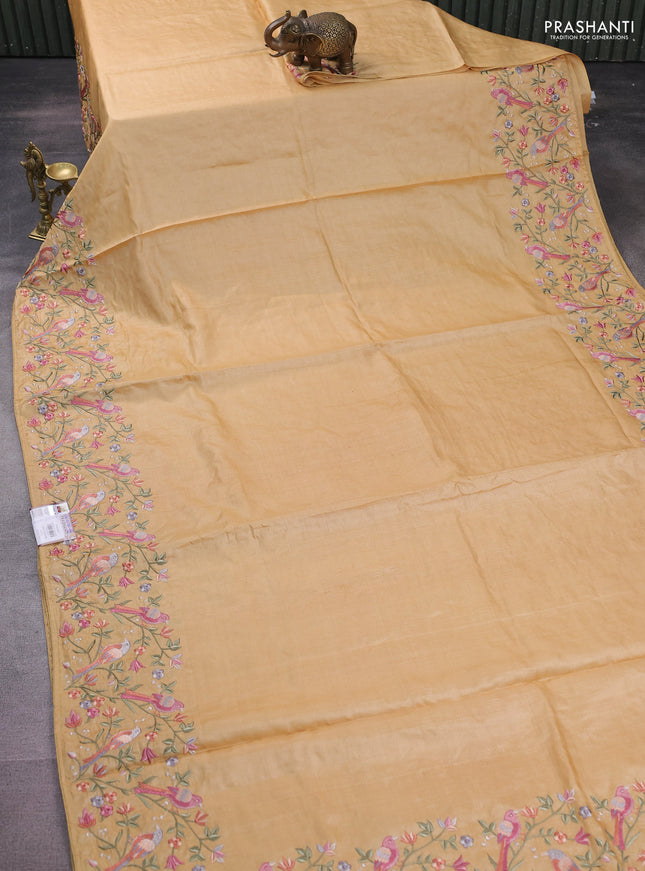 Pure tussar silk saree yellow shade with plain body and embroidery border