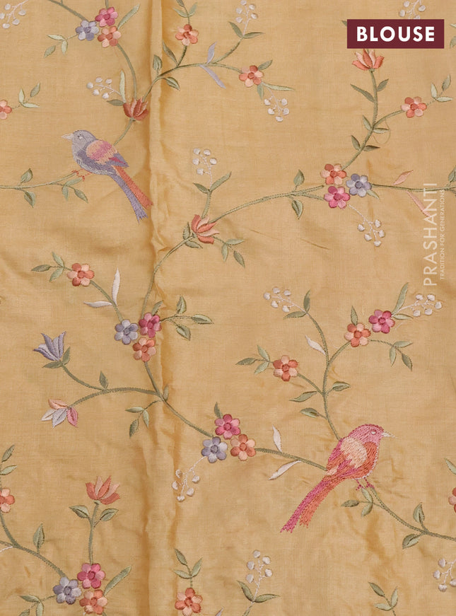 Pure tussar silk saree yellow shade with plain body and embroidery border