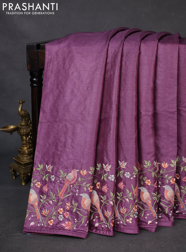 Pure tussar silk saree purple shade with plain body and embroidery border