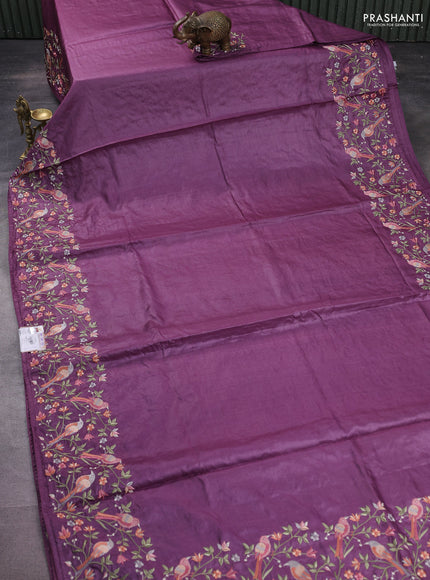 Pure tussar silk saree purple shade with plain body and embroidery border