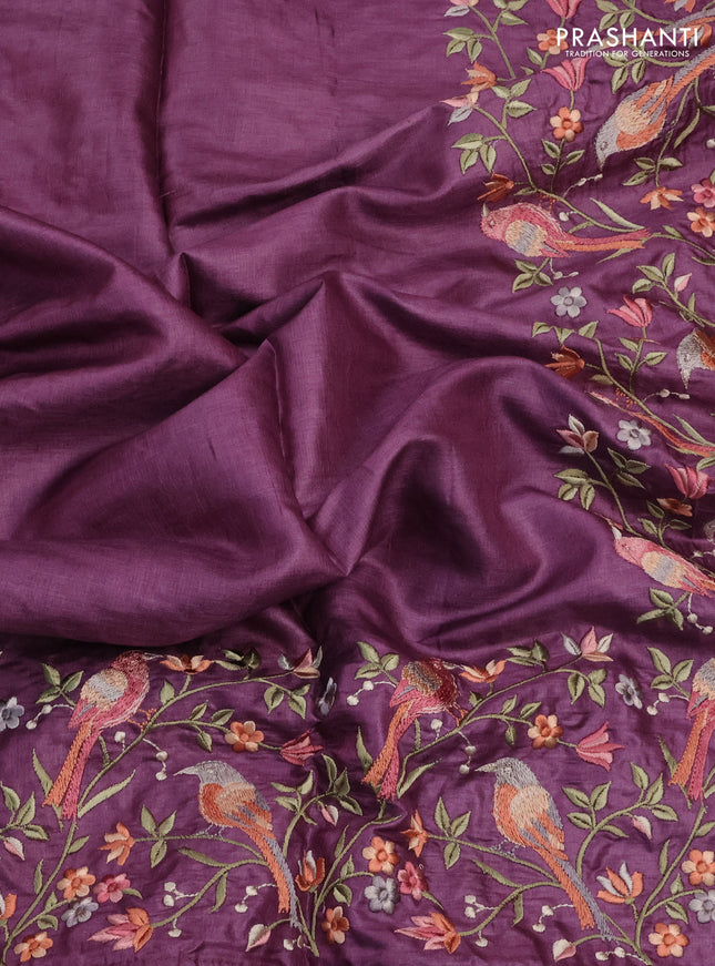 Pure tussar silk saree purple shade with plain body and embroidery border