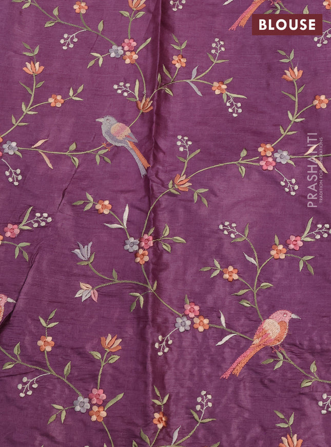 Pure tussar silk saree purple shade with plain body and embroidery border
