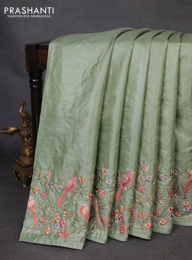 Pure tussar silk saree pastel green with plain body and embroidery border