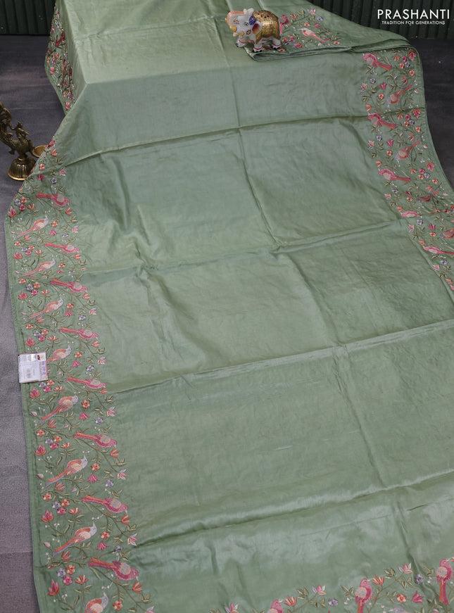 Pure tussar silk saree pastel green with plain body and embroidery border