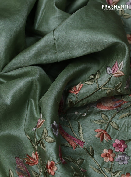 Pure tussar silk saree pastel green with plain body and embroidery border