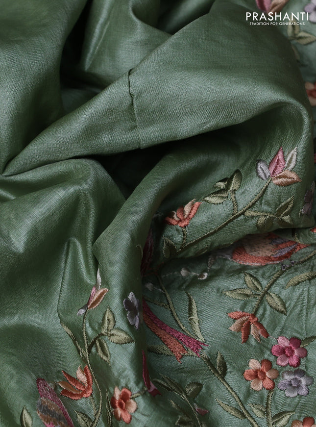 Pure tussar silk saree pastel green with plain body and embroidery border