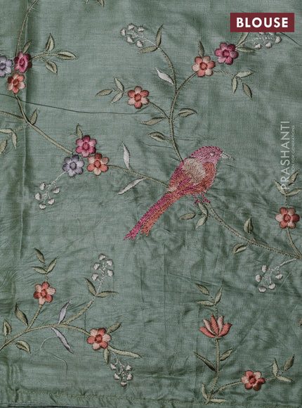 Pure tussar silk saree pastel green with plain body and embroidery border