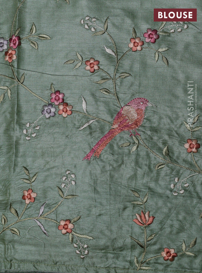 Pure tussar silk saree pastel green with plain body and embroidery border