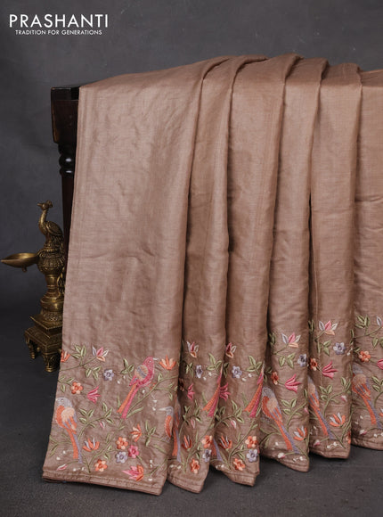 Pure tussar silk saree beige with plain body and embroidery border