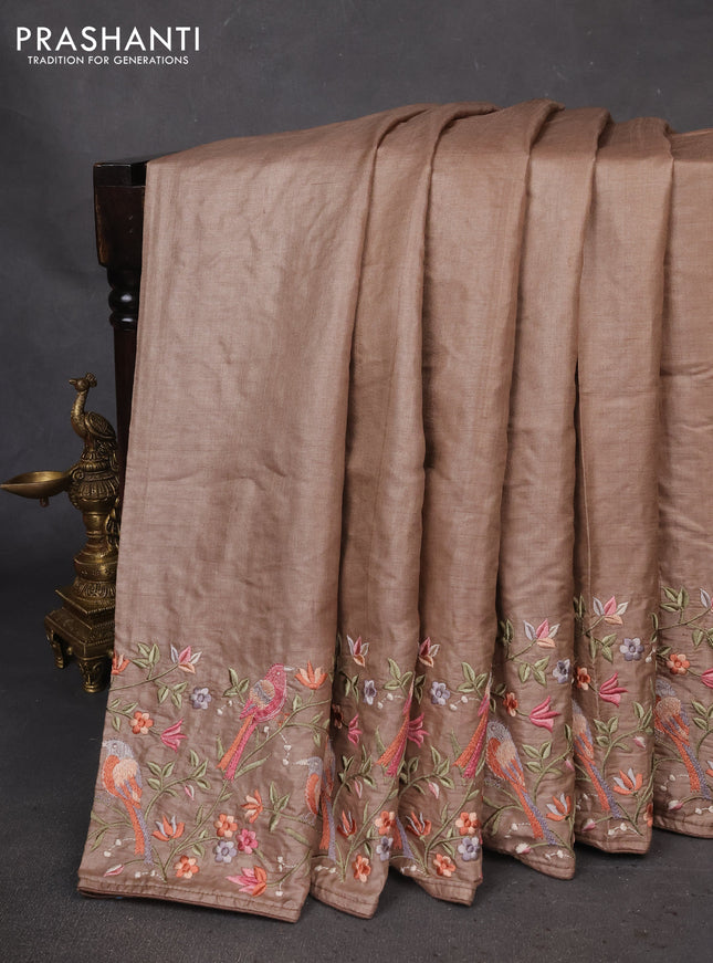 Pure tussar silk saree beige with plain body and embroidery border