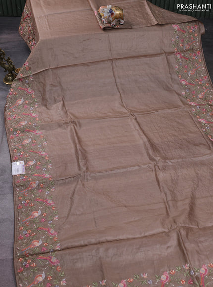 Pure tussar silk saree beige with plain body and embroidery border