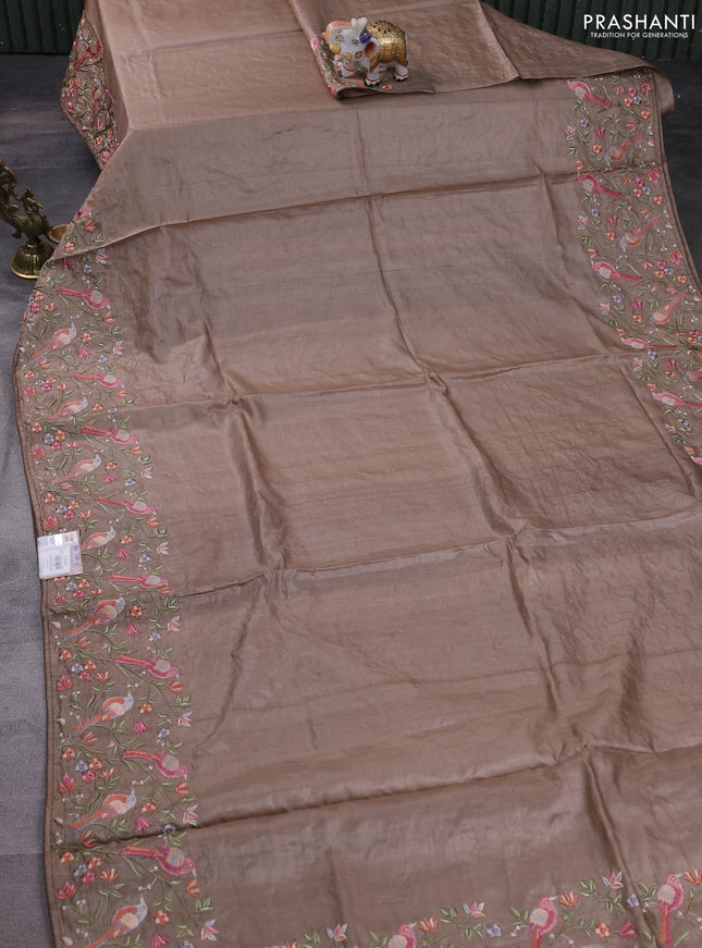 Pure tussar silk saree beige with plain body and embroidery border