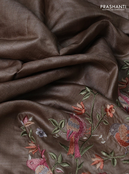 Pure tussar silk saree beige with plain body and embroidery border