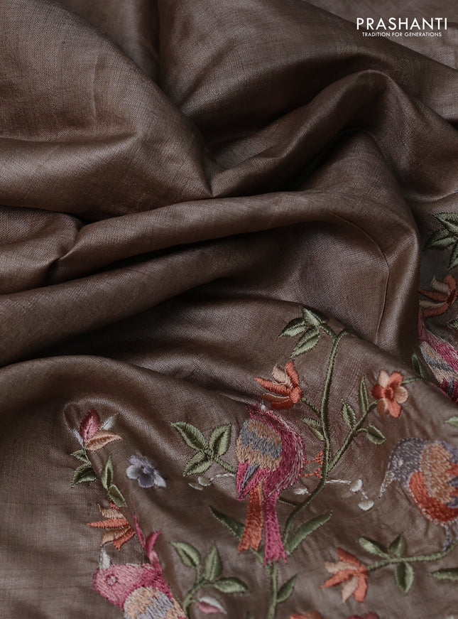 Pure tussar silk saree beige with plain body and embroidery border