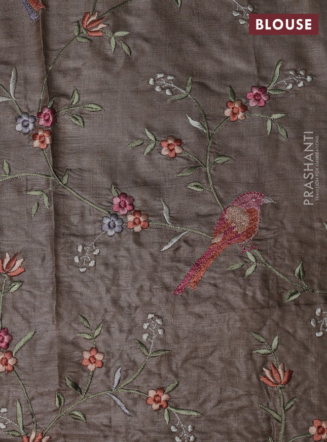 Pure tussar silk saree beige with plain body and embroidery border