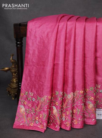 Pure tussar silk saree pink with plain body and embroidery border