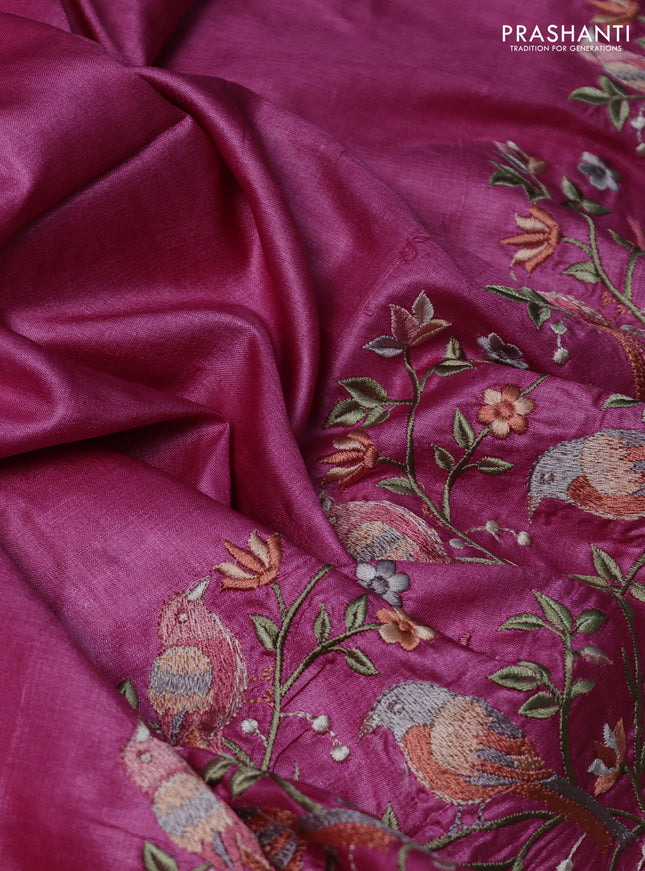 Pure tussar silk saree pink with plain body and embroidery border