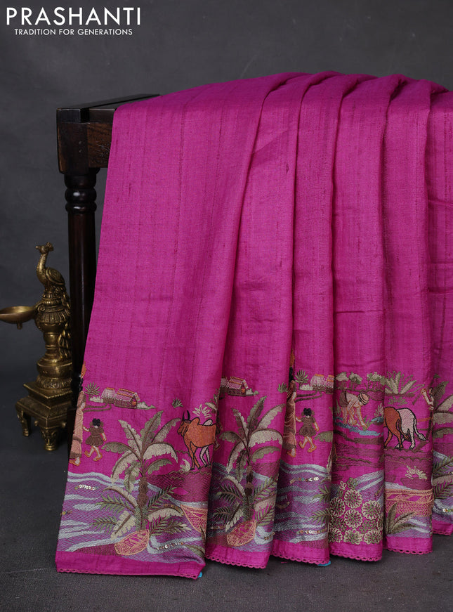 Pure tussar silk saree pink with plain body and embroidery border