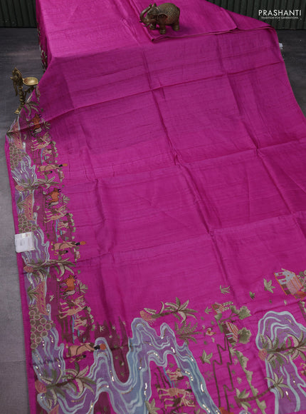 Pure tussar silk saree pink with plain body and embroidery border