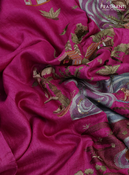 Pure tussar silk saree pink with plain body and embroidery border