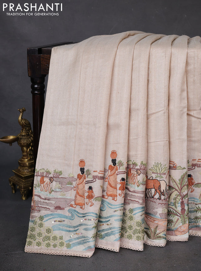 Pure tussar silk saree beige with plain body and embroidery border