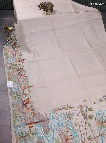 Pure tussar silk saree beige with plain body and embroidery border