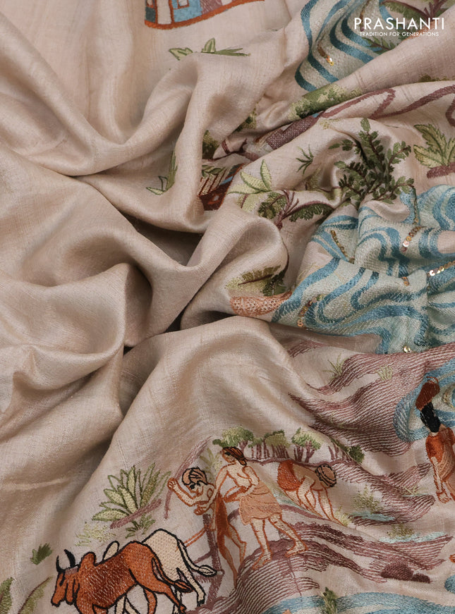 Pure tussar silk saree beige with plain body and embroidery border