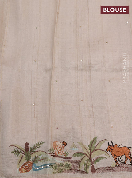 Pure tussar silk saree beige with plain body and embroidery border