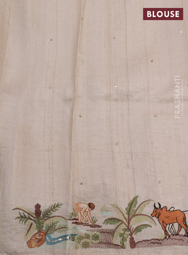 Pure tussar silk saree beige with plain body and embroidery border
