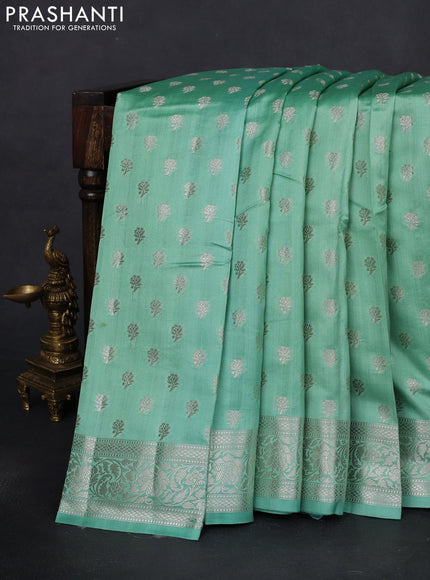 Chiniya silk saree pastel green with silver zari woven buttas and zari woven border