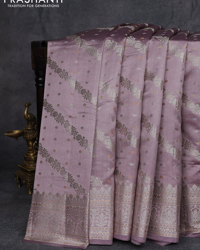 Chiniya silk saree pastel lavender with allover zari weaves and zari woven border