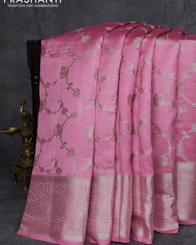 Chiniya silk saree pastel pink with allover zari weaves and zari woven border