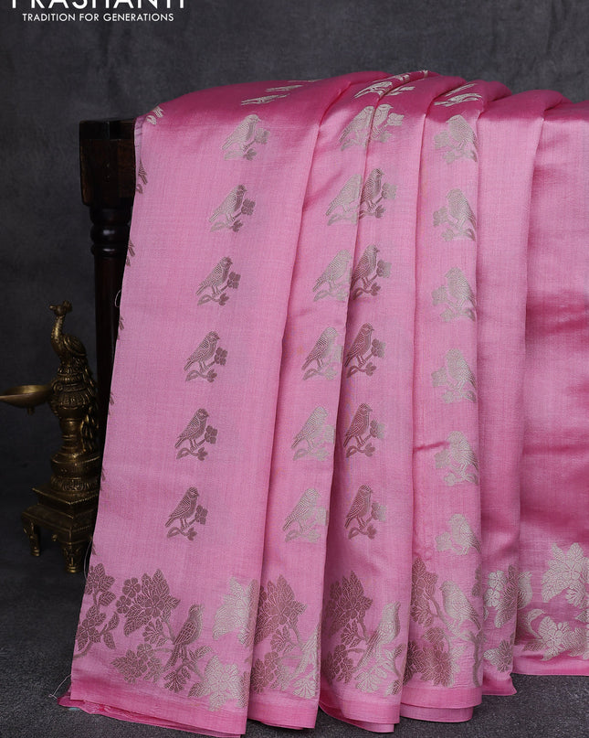 Chiniya silk saree light pink with allover silver zari weaves and silver zari woven border