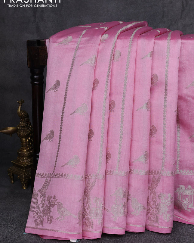 Chiniya silk saree light pink with allover silver zari weaves and silver zari woven border